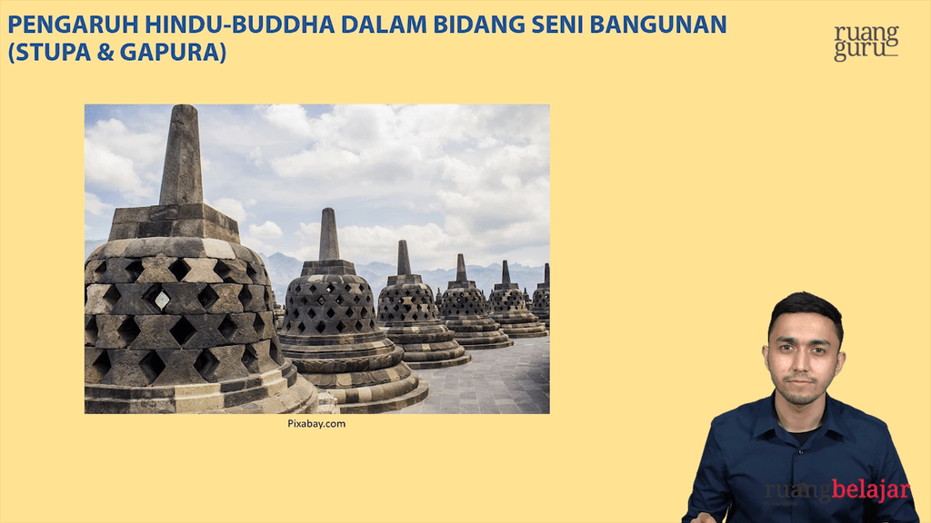 Salah satu wujud akulturasi budaya indonesia dengan budaya buddha terlihat pada bangunan candi borobudur yang merupakan akulturasi antara stupa dengan