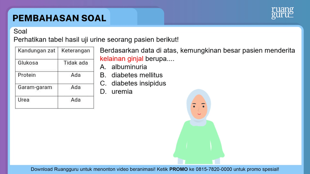 Perhatikan Tabel Hasil Uji Urine Seorang Pasien Be...