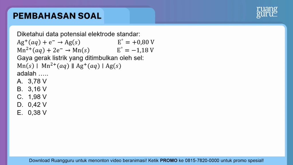 Diketahui Data Potensial Elektrode Standar: A...