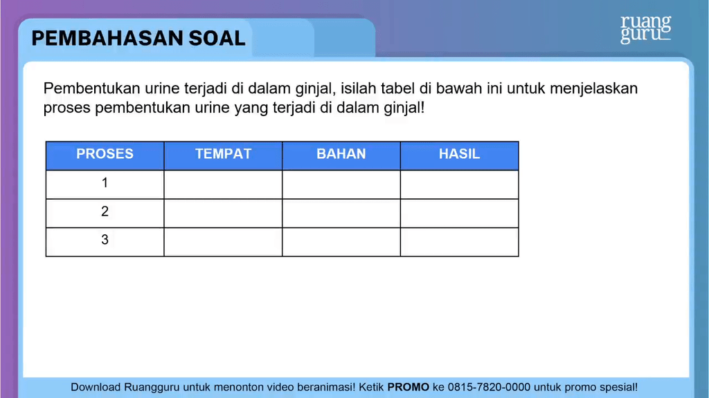 Pembentukan urine terjadi di dalam ginjal, isilah ...